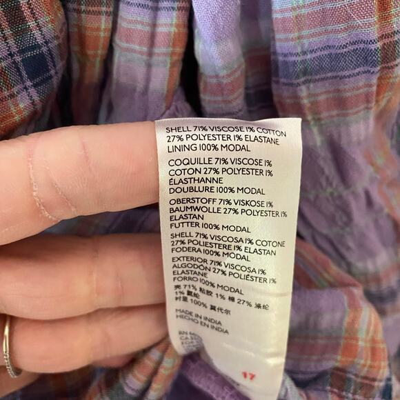 Free People Purple Plaid Puff Sleeve Babydoll Blouse Cropped Women's size Large - Picture 10 of 10